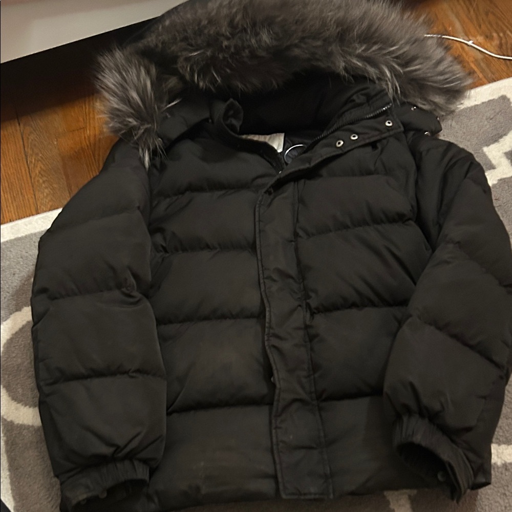 Men's Black Puffer Jacket with Faux Fur Hood